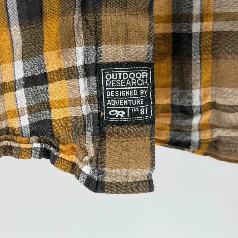 Outdoor‎ Research Plaid Shirt Mens Large Brown Yellow Short Sleeve Button Down
